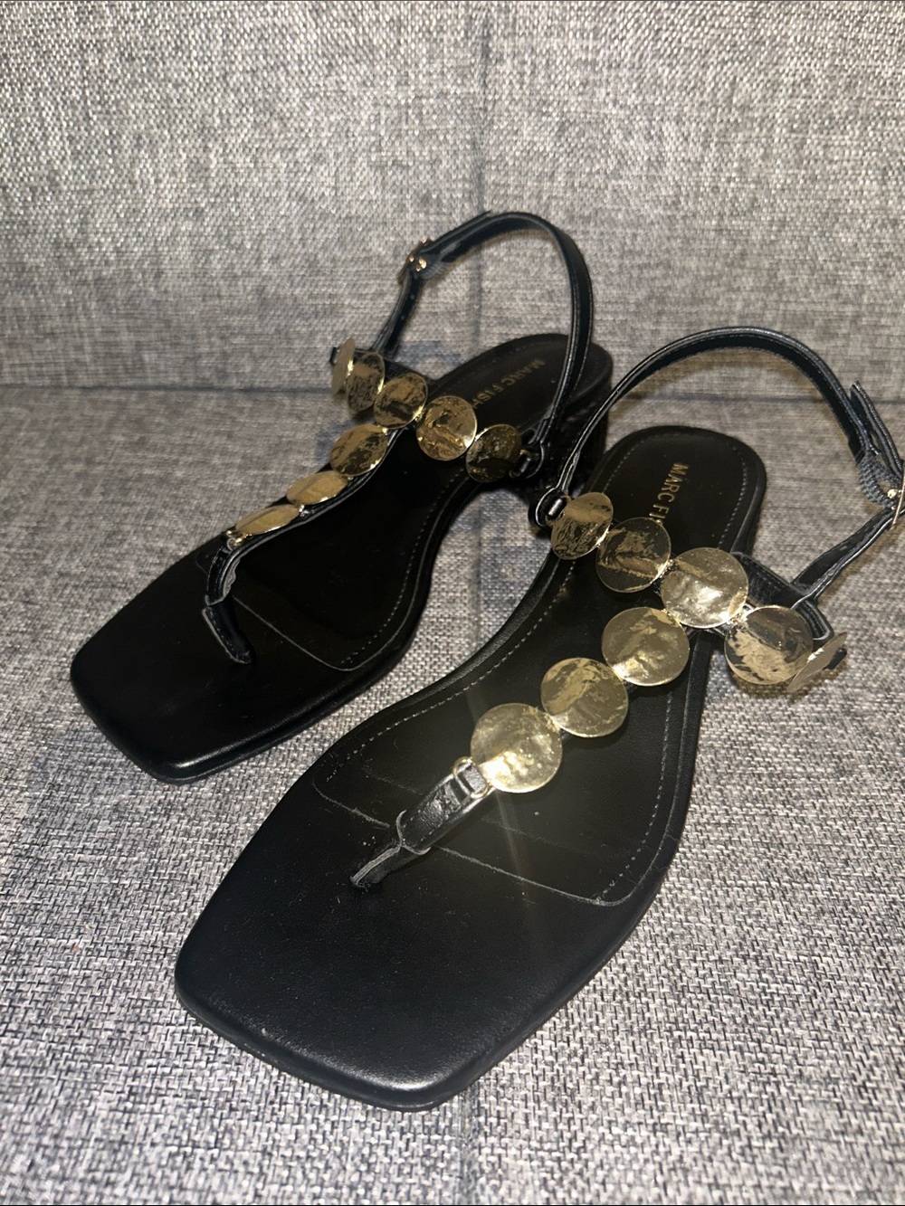 Marc Fisher CAYLIE -  Black Sandals with Gold Disc Accents - Picture 2 of 8